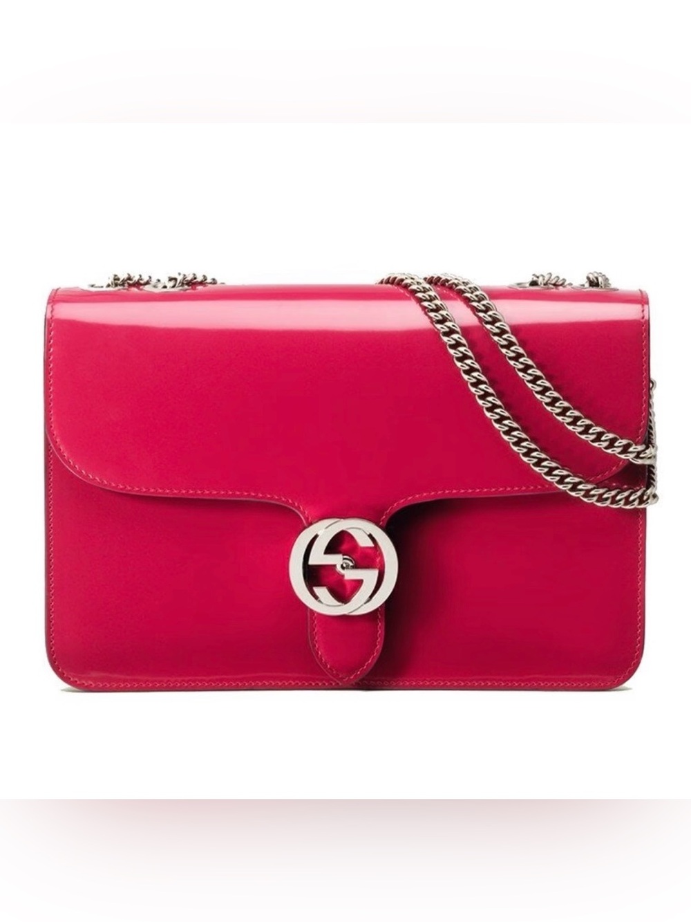 Gucci Hot Pink Patent Leather Chain Shoulder Bag with Silver Hardware